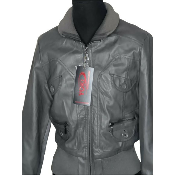New York YOKI Faux Leather Grey Colored Bomber Jacket Large Long Sleeves NWT - Picture 2 of 6